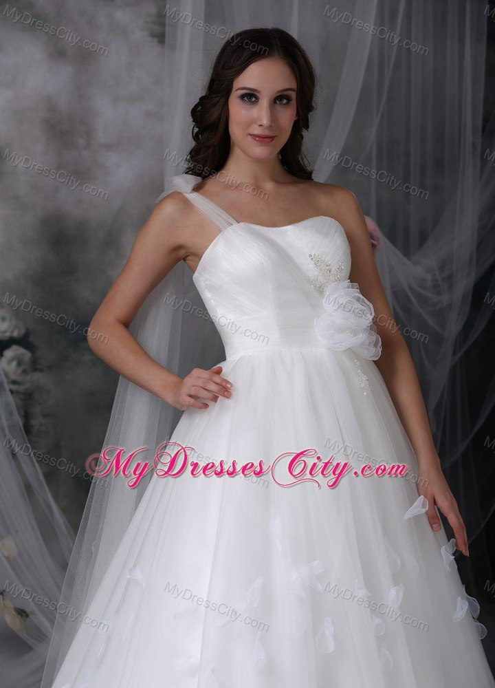 Single Shoulder Watteau Train Flowers Tulle Church Wedding Dresses