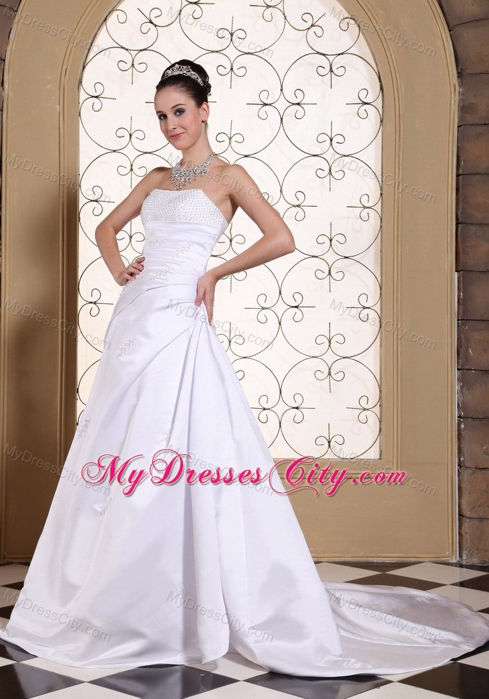 Simple Cheap Sequined Strapless Plus Size Court Train Wedding Gown