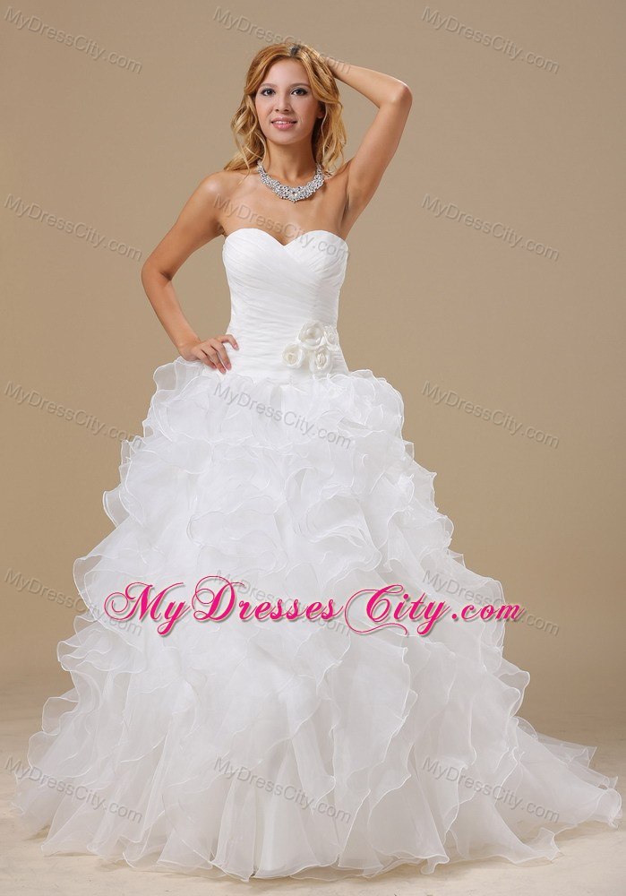 Organza Ruffles Flowers Sweetheart Ruching Wedding Dresses for Garden