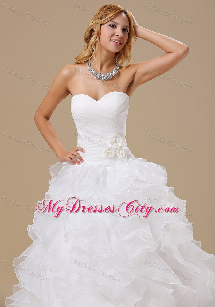 Organza Ruffles Flowers Sweetheart Ruching Wedding Dresses for Garden