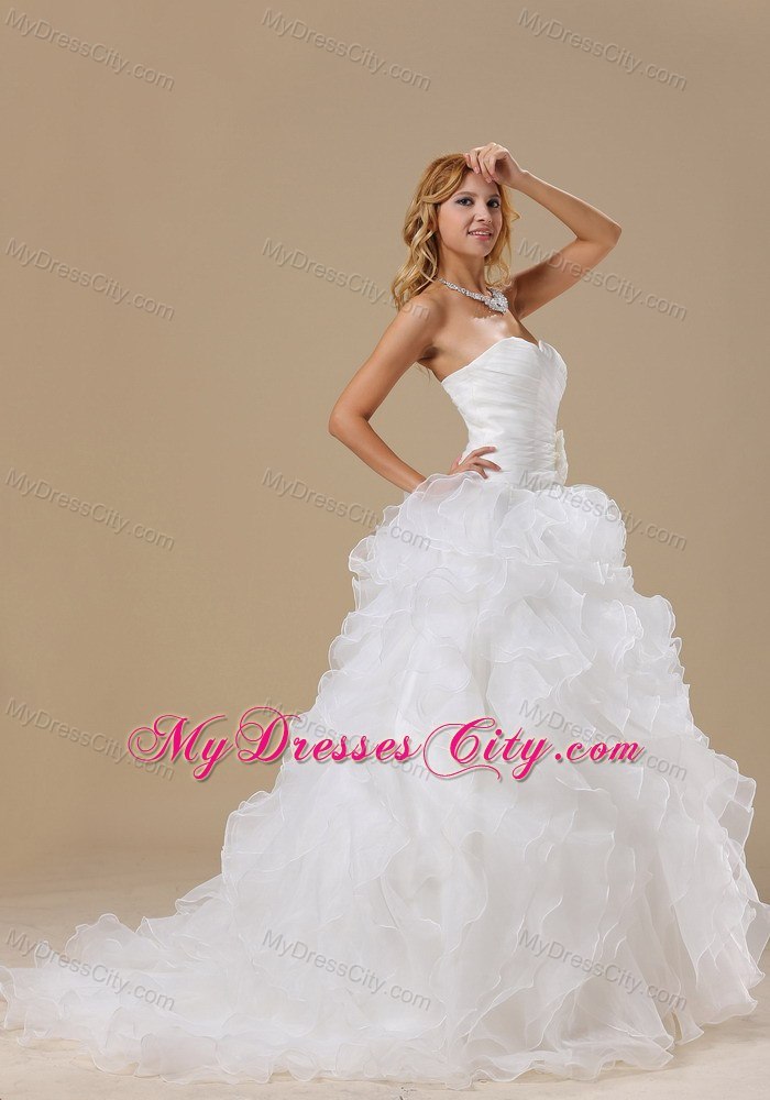 Organza Ruffles Flowers Sweetheart Ruching Wedding Dresses for Garden