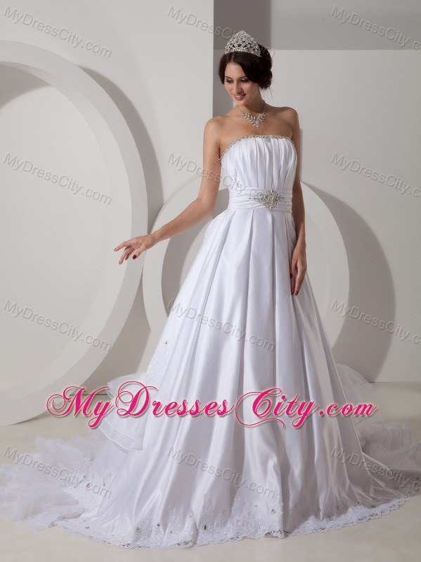 Strapless Court Train Lace Hem Beaded Ruching Wedding Bridal Gown