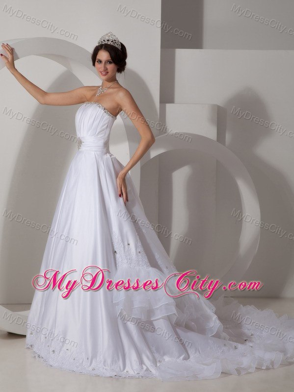 Strapless Court Train Lace Hem Beaded Ruching Wedding Bridal Gown