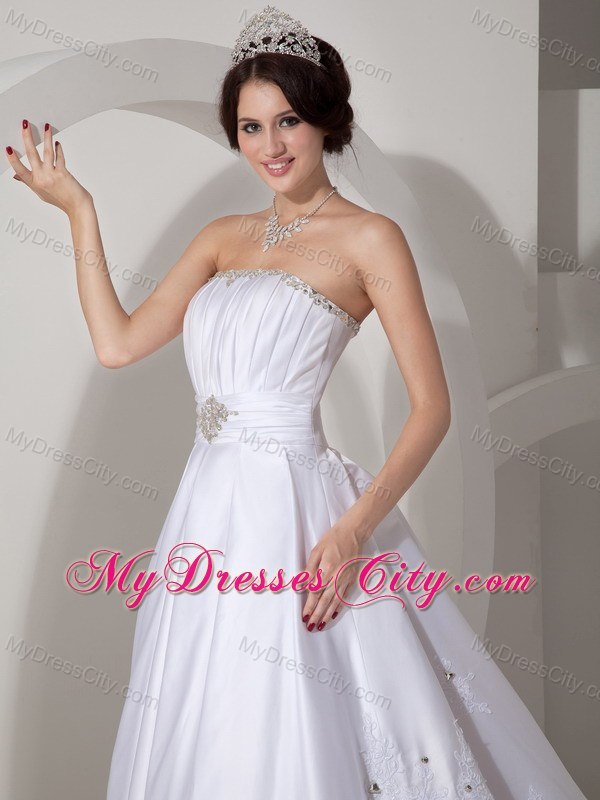 Strapless Court Train Lace Hem Beaded Ruching Wedding Bridal Gown