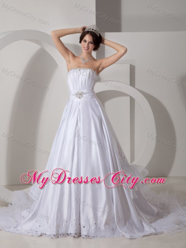 Strapless Court Train Lace Hem Beaded Ruching Wedding Bridal Gown