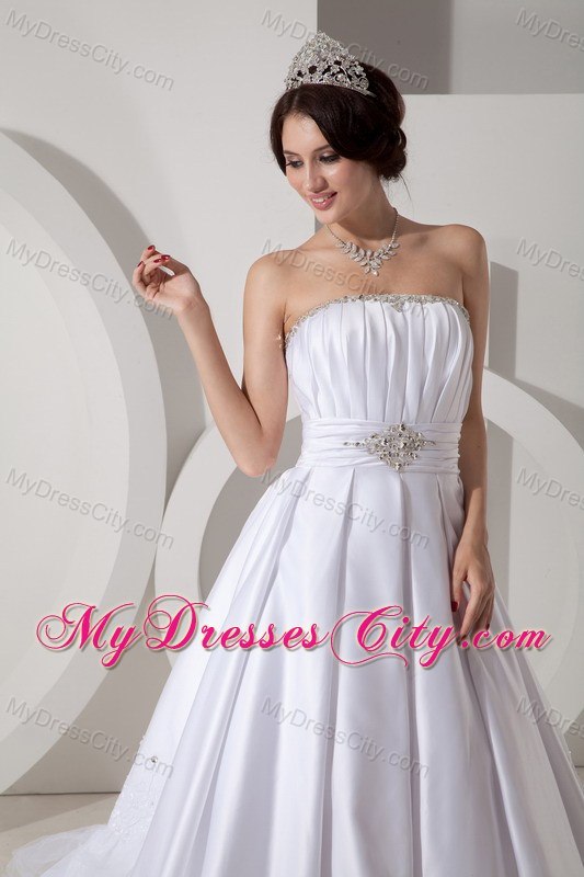 Strapless Court Train Lace Hem Beaded Ruching Wedding Bridal Gown