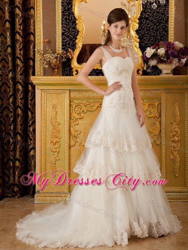 Sweetheart Appliques Lace Tiers Court Train 2013 Wedding Bridal Gown