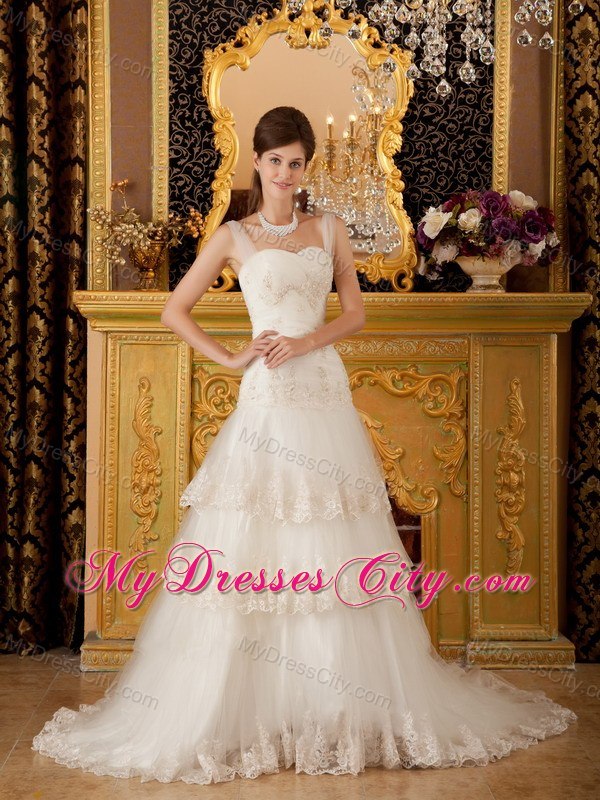 Sweetheart Appliques Lace Tiers Court Train 2013 Wedding Bridal Gown