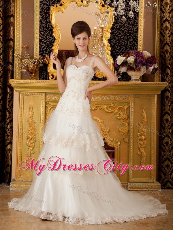 Sweetheart Appliques Lace Tiers Court Train 2013 Wedding Bridal Gown