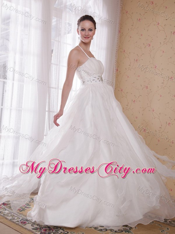 Spaghetti Straps Halter Organza Bridal Dress with Rhinestones and Beading