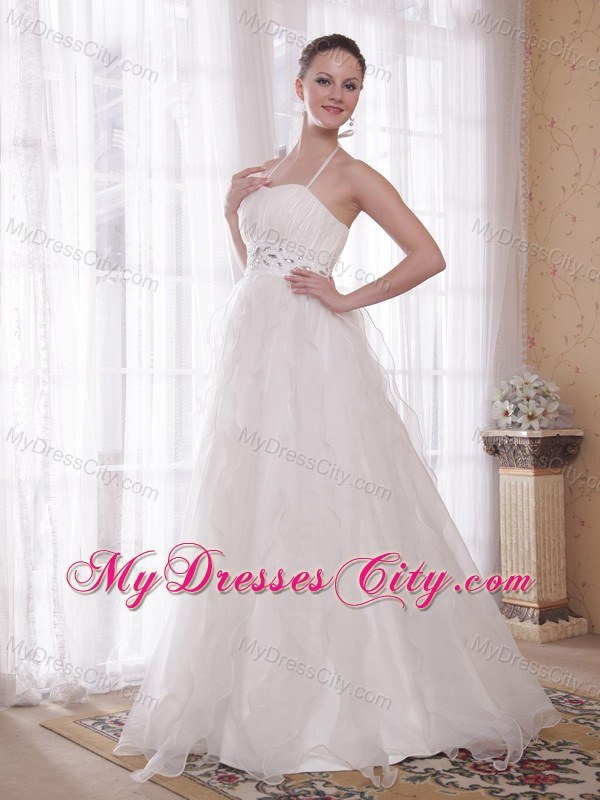 Spaghetti Straps Halter Organza Bridal Dress with Rhinestones and Beading