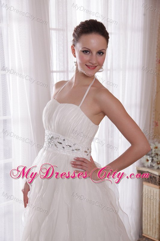 Spaghetti Straps Halter Organza Bridal Dress with Rhinestones and Beading