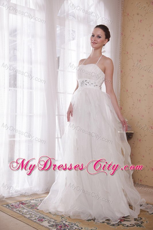 Spaghetti Straps Halter Organza Bridal Dress with Rhinestones and Beading