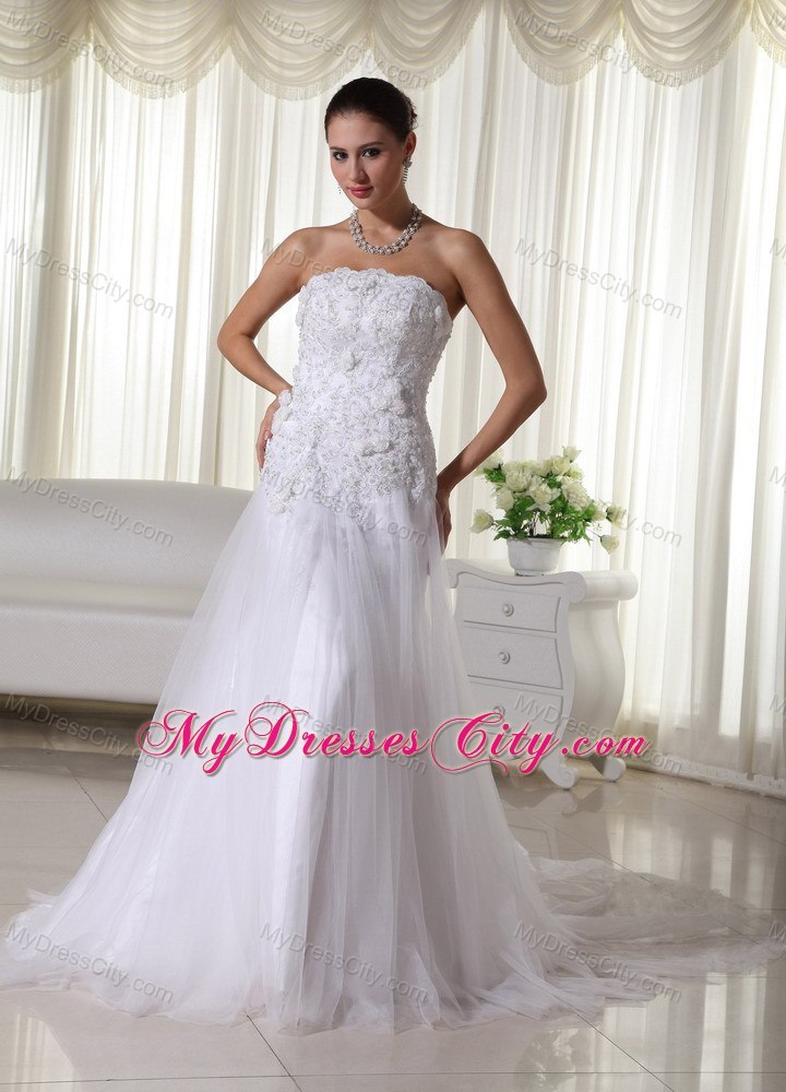 Appliques Lace Strapless Court Train Tulle 2013 Wedding Bridal Gown