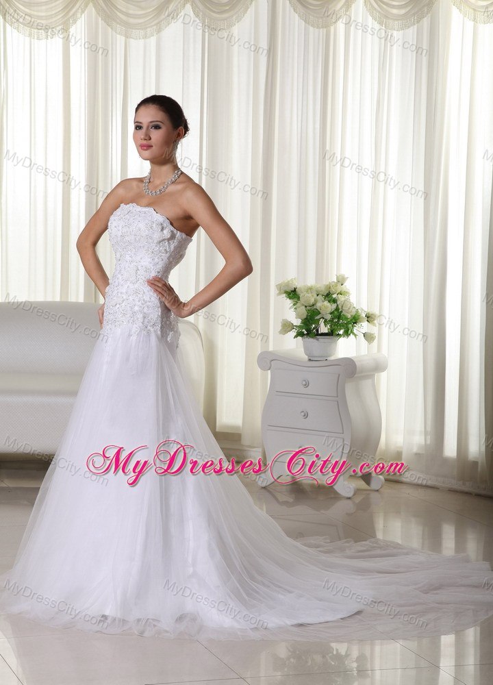 Appliques Lace Strapless Court Train Tulle 2013 Wedding Bridal Gown