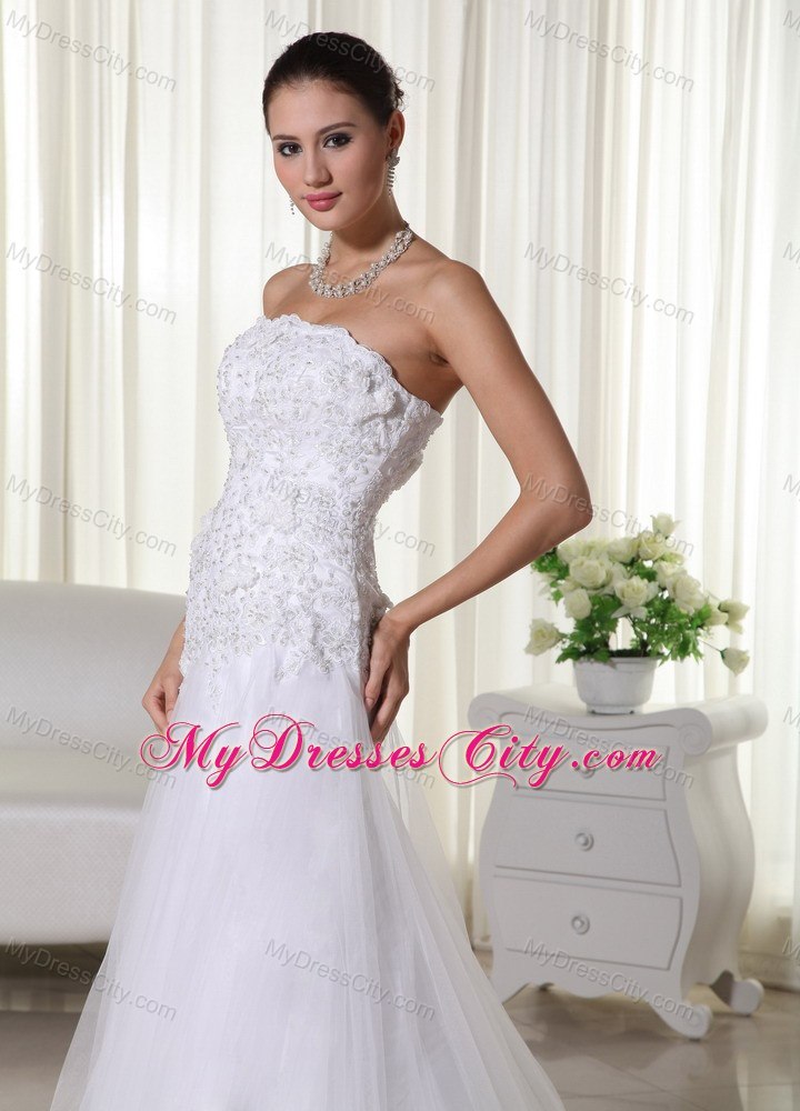 Appliques Lace Strapless Court Train Tulle 2013 Wedding Bridal Gown