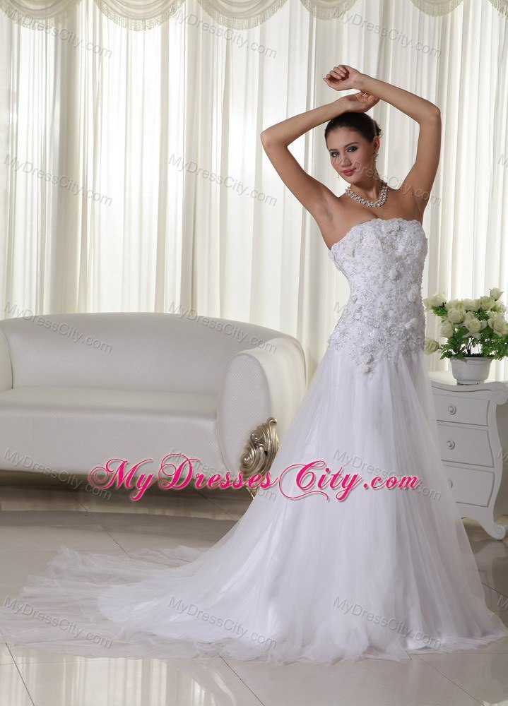 Appliques Lace Strapless Court Train Tulle 2013 Wedding Bridal Gown