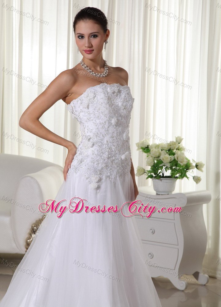 Appliques Lace Strapless Court Train Tulle 2013 Wedding Bridal Gown