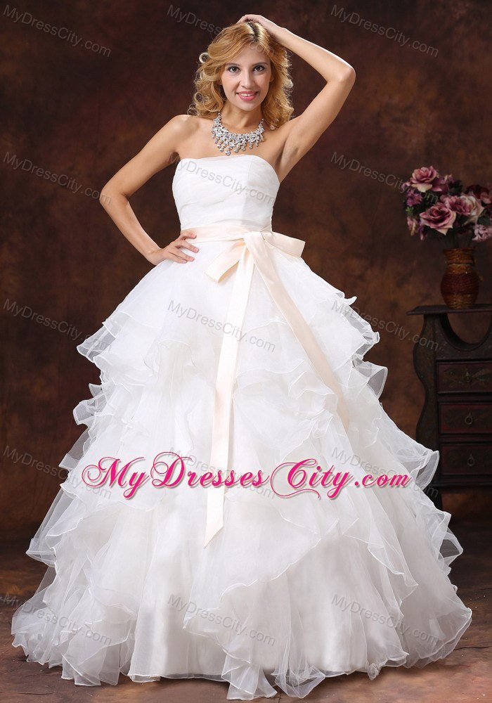 Ruffled Layers Strapless Princess Organza Wedding Dresses with Peach Sash