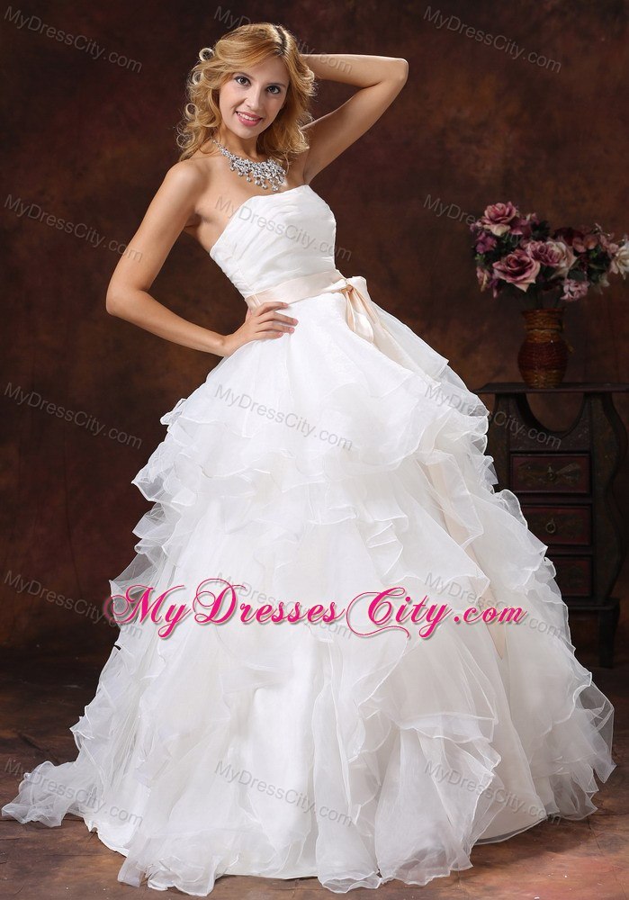 Ruffled Layers Strapless Princess Organza Wedding Dresses with Peach Sash