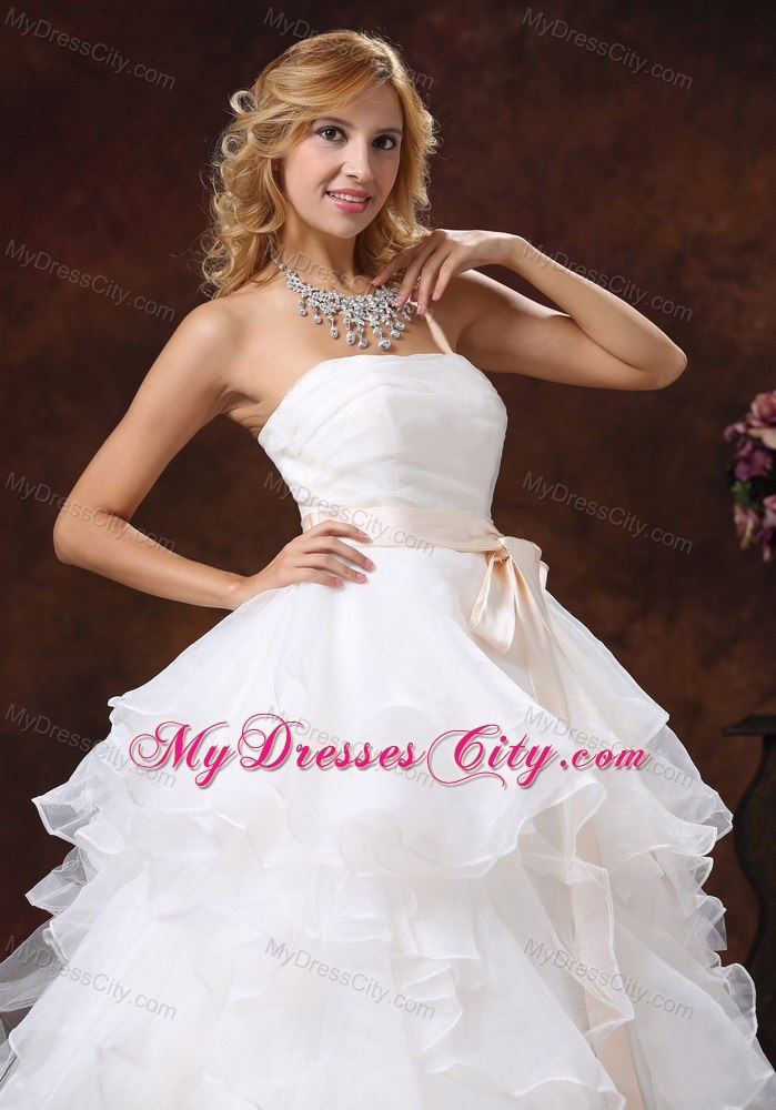 Ruffled Layers Strapless Princess Organza Wedding Dresses with Peach Sash