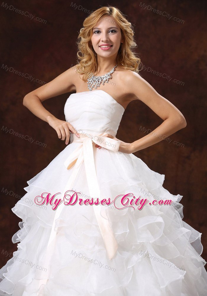 Ruffled Layers Strapless Princess Organza Wedding Dresses with Peach Sash