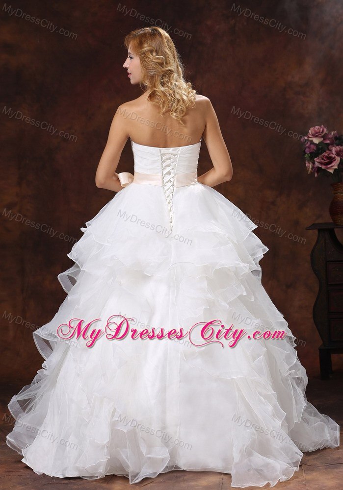 Ruffled Layers Strapless Princess Organza Wedding Dresses with Peach Sash