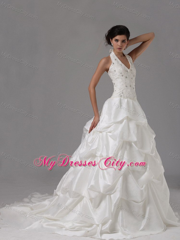 Lace Beaded Pick Ups Court Train Halter Wedding Anniversary Dress