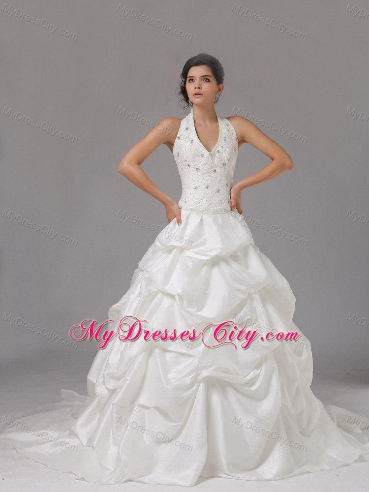 Lace Beaded Pick Ups Court Train Halter Wedding Anniversary Dress