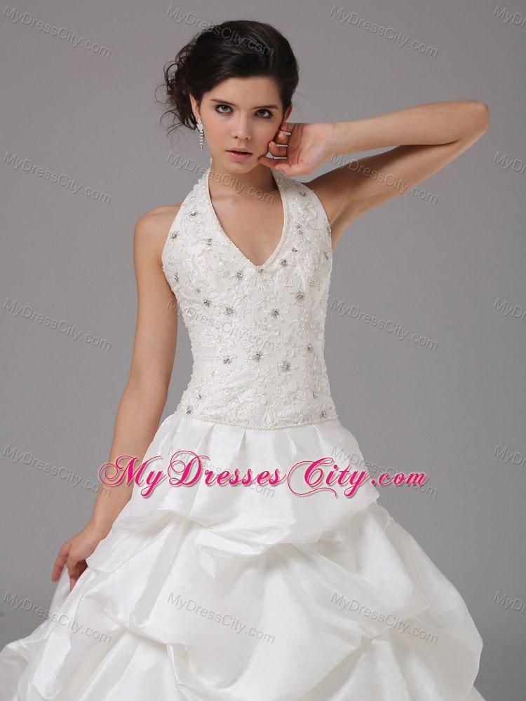 Lace Beaded Pick Ups Court Train Halter Wedding Anniversary Dress