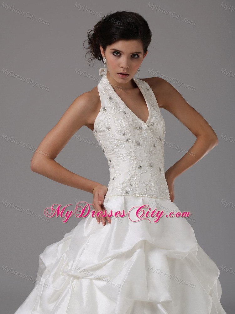 Lace Beaded Pick Ups Court Train Halter Wedding Anniversary Dress