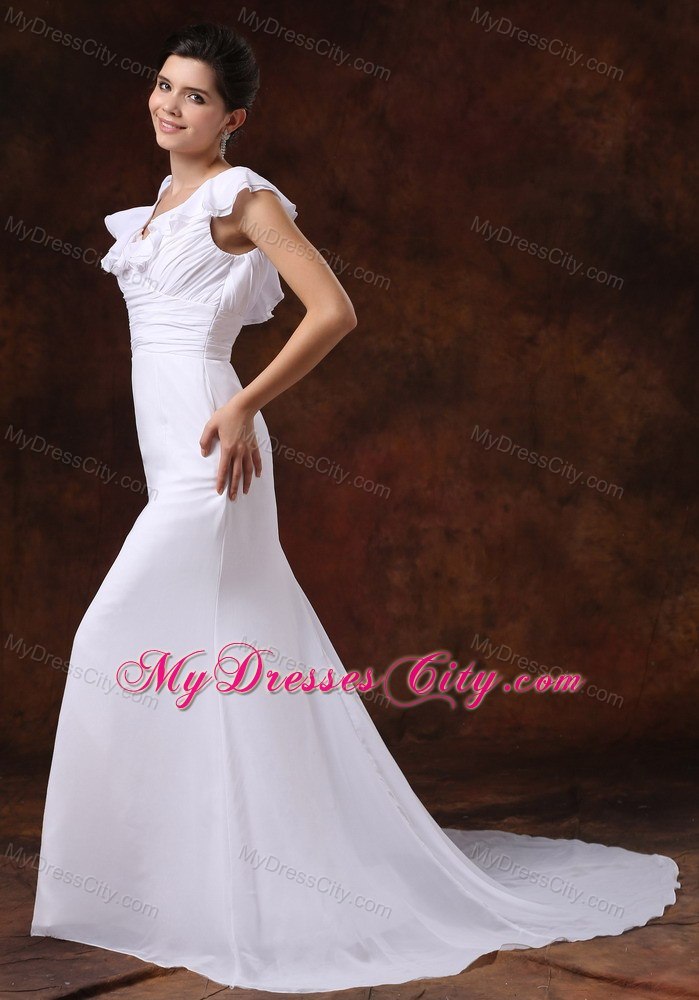 Ruching Tiers V-neck Court Train Chiffon Dress for 2013 Garden Wedding