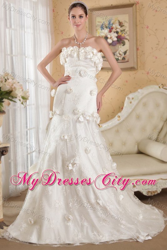 Flowers Strapless Court Train A-line Ivory Wedding Bridal Gown for Garden