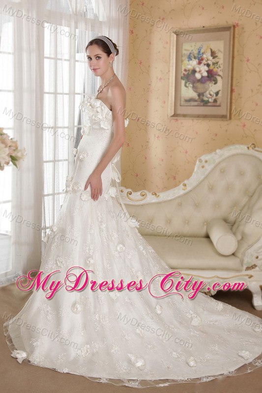 Flowers Strapless Court Train A-line Ivory Wedding Bridal Gown for Garden