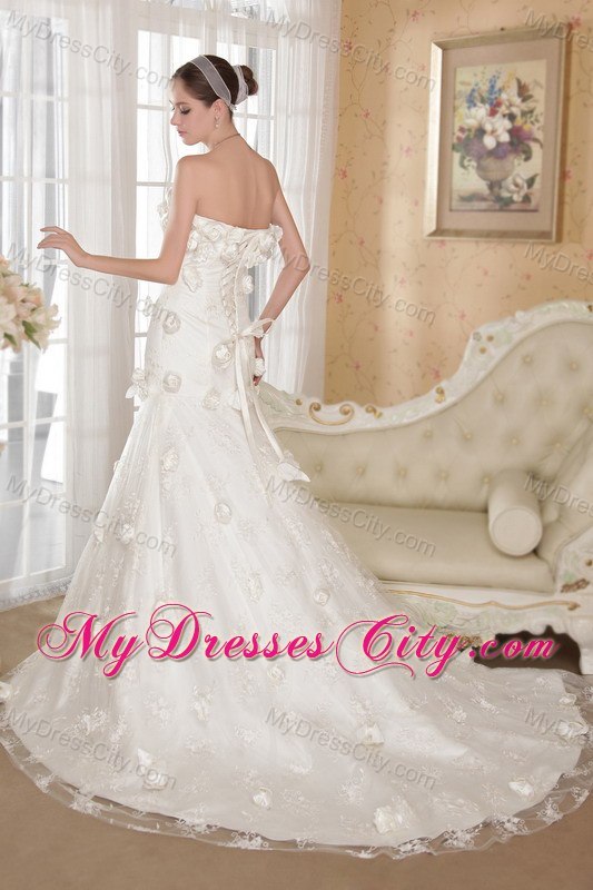 Flowers Strapless Court Train A-line Ivory Wedding Bridal Gown for Garden