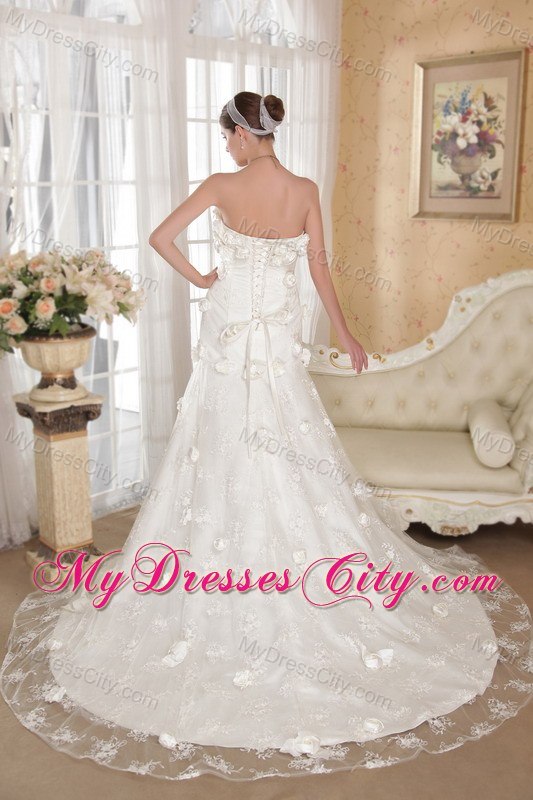 Flowers Strapless Court Train A-line Ivory Wedding Bridal Gown for Garden