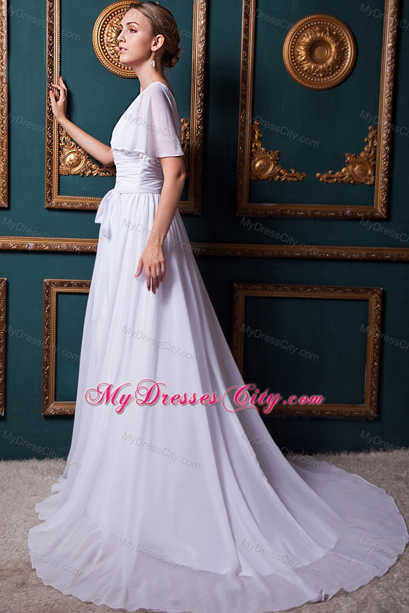 Sash Cap Appliques Sleeves for Maternity Wedding Dress with Court Train