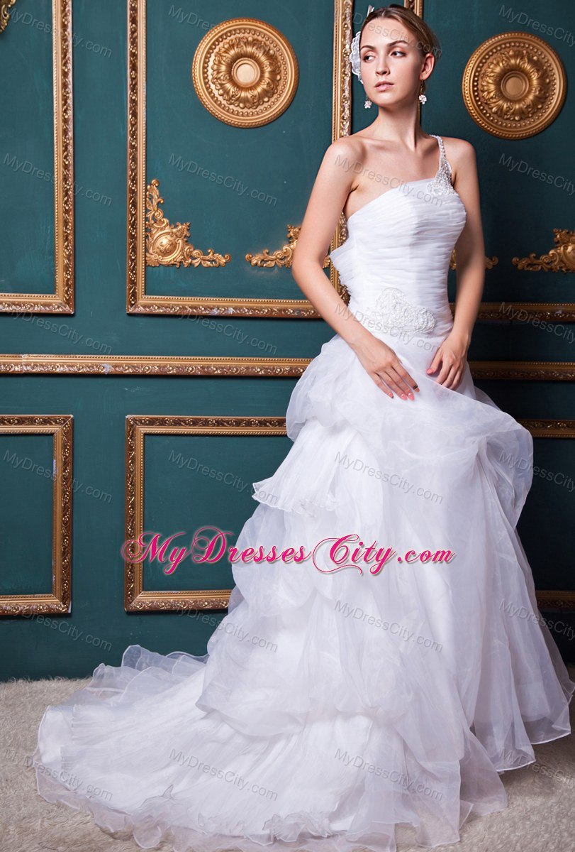 Single Shoulder Appliques Organza Pick Ups Wedding Dress with Clasp Handle