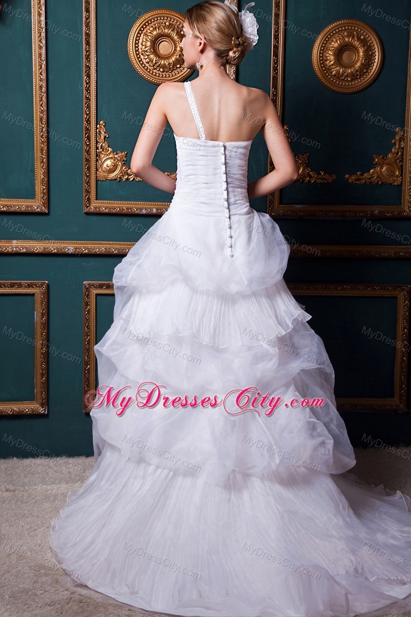 Single Shoulder Appliques Organza Pick Ups Wedding Dress with Clasp Handle