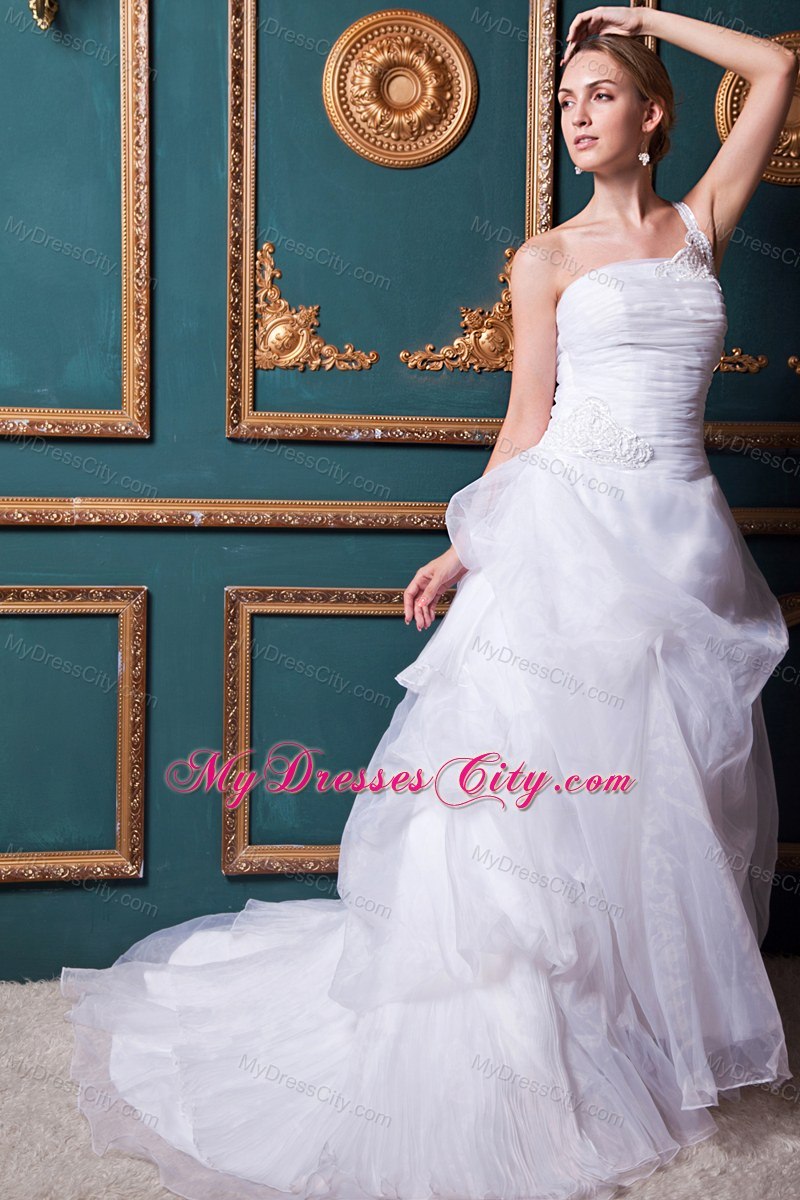 Single Shoulder Appliques Organza Pick Ups Wedding Dress with Clasp Handle