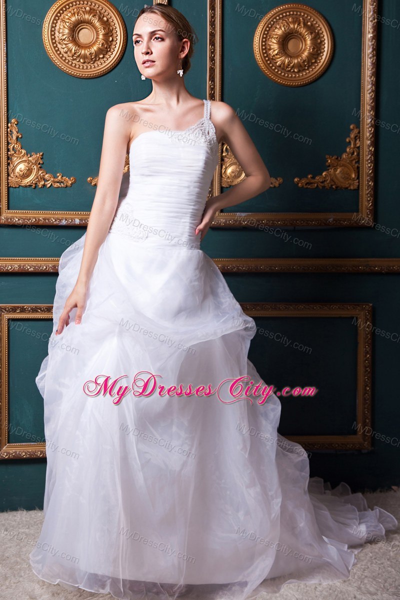 Single Shoulder Appliques Organza Pick Ups Wedding Dress with Clasp Handle