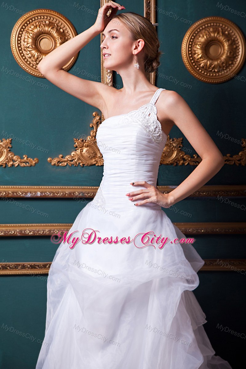 Single Shoulder Appliques Organza Pick Ups Wedding Dress with Clasp Handle