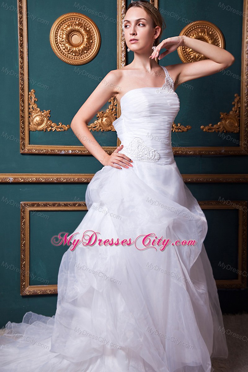 Single Shoulder Appliques Organza Pick Ups Wedding Dress with Clasp Handle