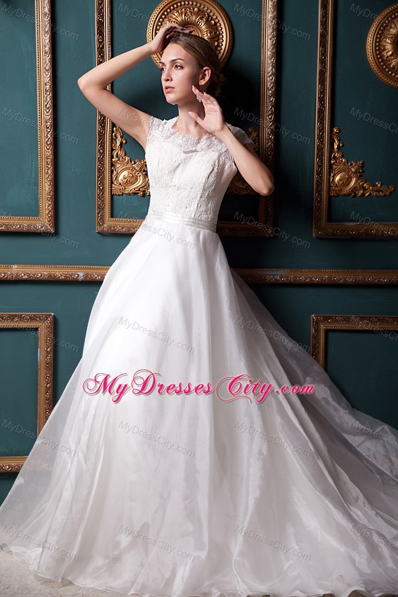 Square Neck Lace Clasp Handle Wedding Bridal Gowns with Cap Sleeves