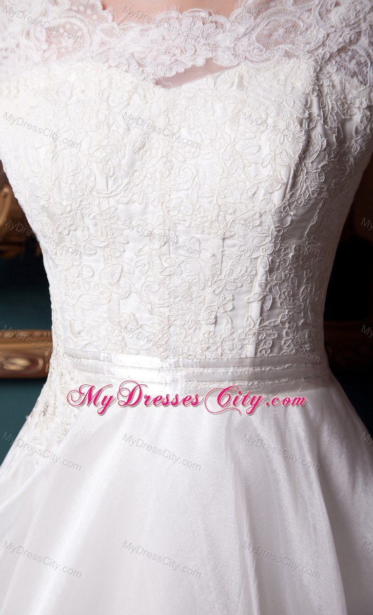 Square Neck Lace Clasp Handle Wedding Bridal Gowns with Cap Sleeves