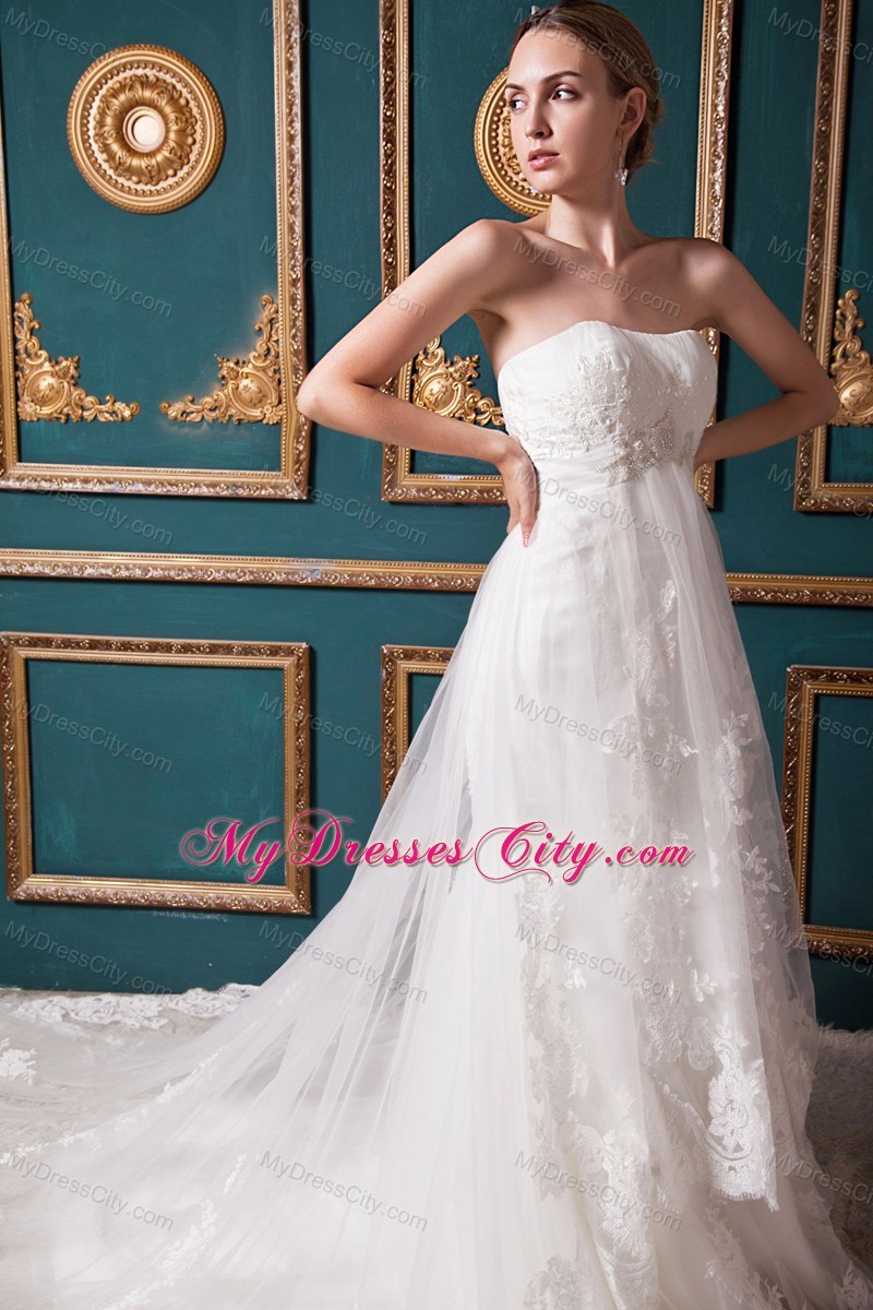 Beaded Lace Court Train Strapless Plus Size 2013 Wedding Bridal Gown