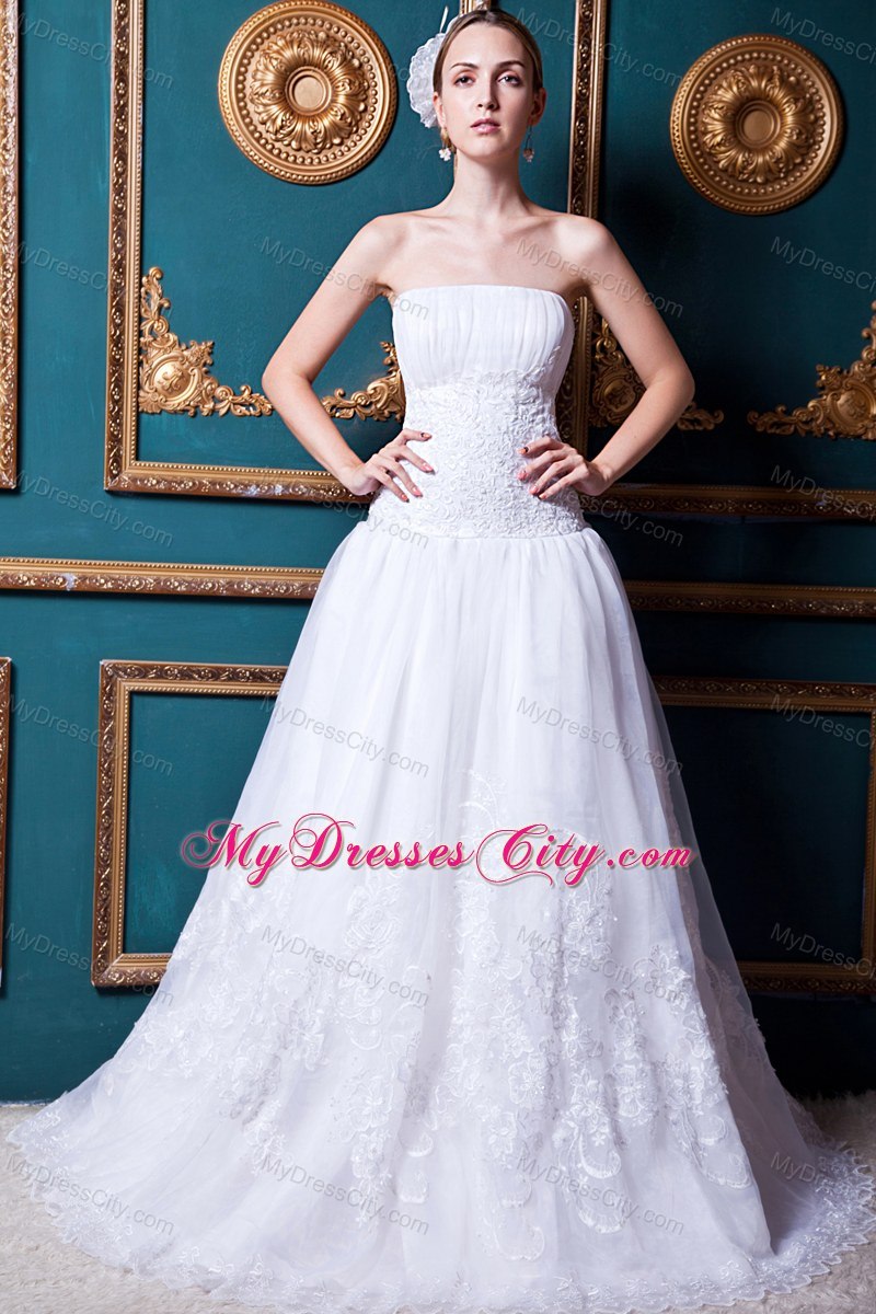 Plus Size Strapless Brush Train Organza Lace Wedding Anniversary Dress