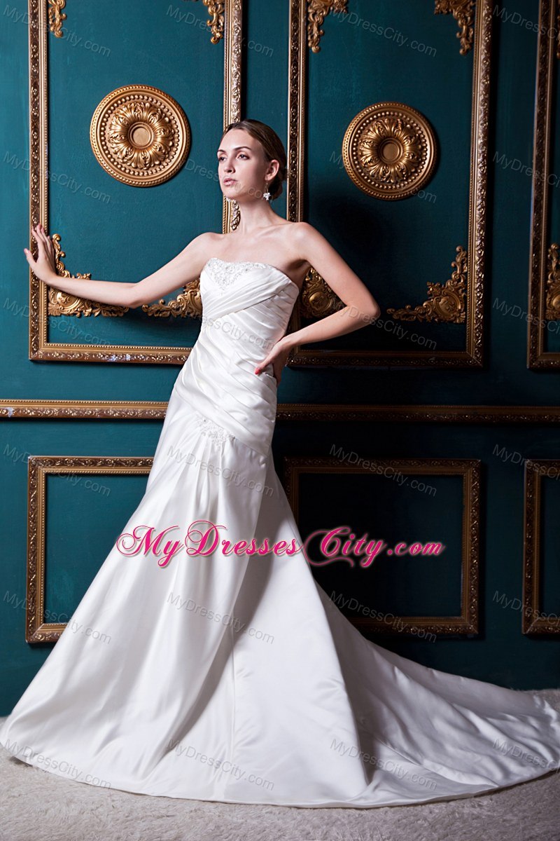 Appliques Ruching Court Train Strapless Garden Wedding Bridal Gown