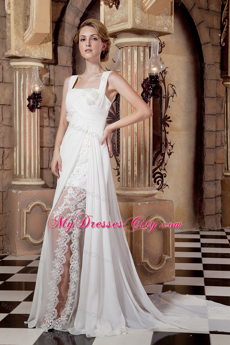 Ruched Lace Chiffon Straps Watteau Train Dresses for 2013 Wedding