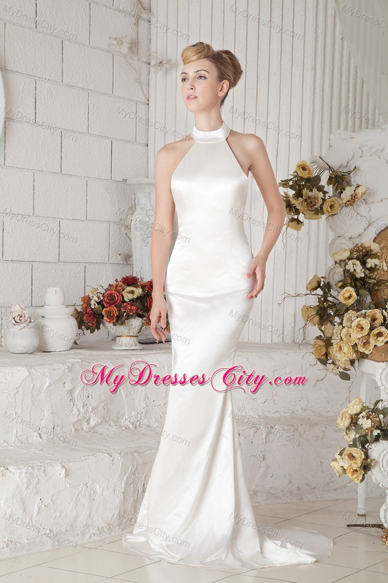 Simple Satin High-neck Brush Train Cheap Dress for 2013 Wedding